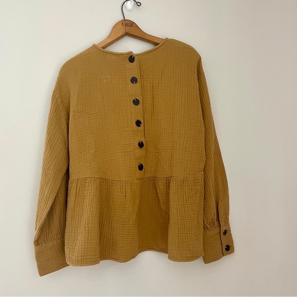 Madewell Lightspun Button-Back Peplum Top Mustard Yellow Tan Large - Picture 9 of 10